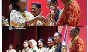 Ket Foto : Wakil Wali Kota Richard Sualang mewakili Wali Kota Andrei Angouw menerima Penghargaan Bhumandala Kanaka, simbol keberhasilan Manado menguatkan tata kelola berbasis teknologi. (Foto:Istimewa)