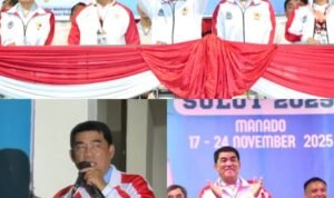 Ket Foto : Gubernur Yulius menyapa atlet dan pelatih, menyampaikan target peningkatan prestasi Sulut menuju PON 2027. (Foto:Istimewa)