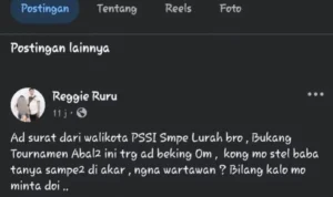 Tangkapan layar unggahan Facebook Reggie Ruru yang menjadi sorotan setelah wartawan melakukan konfirmasi terkait pelaksanaan Festival Sepak Bola Usia Dini Maesa Manado Cup 1.